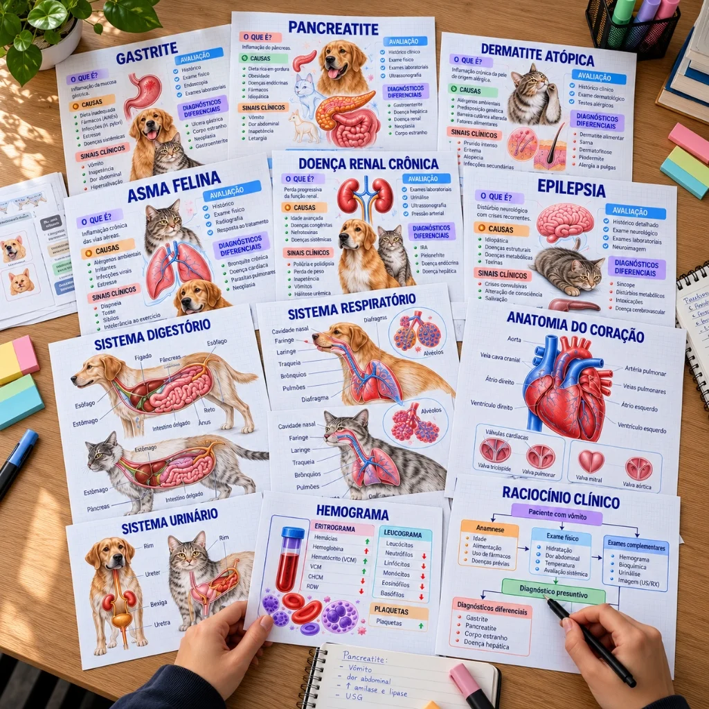 180 Mapas Visuais de Clínica Médica impressos sobre a mesa de estudo e consulta